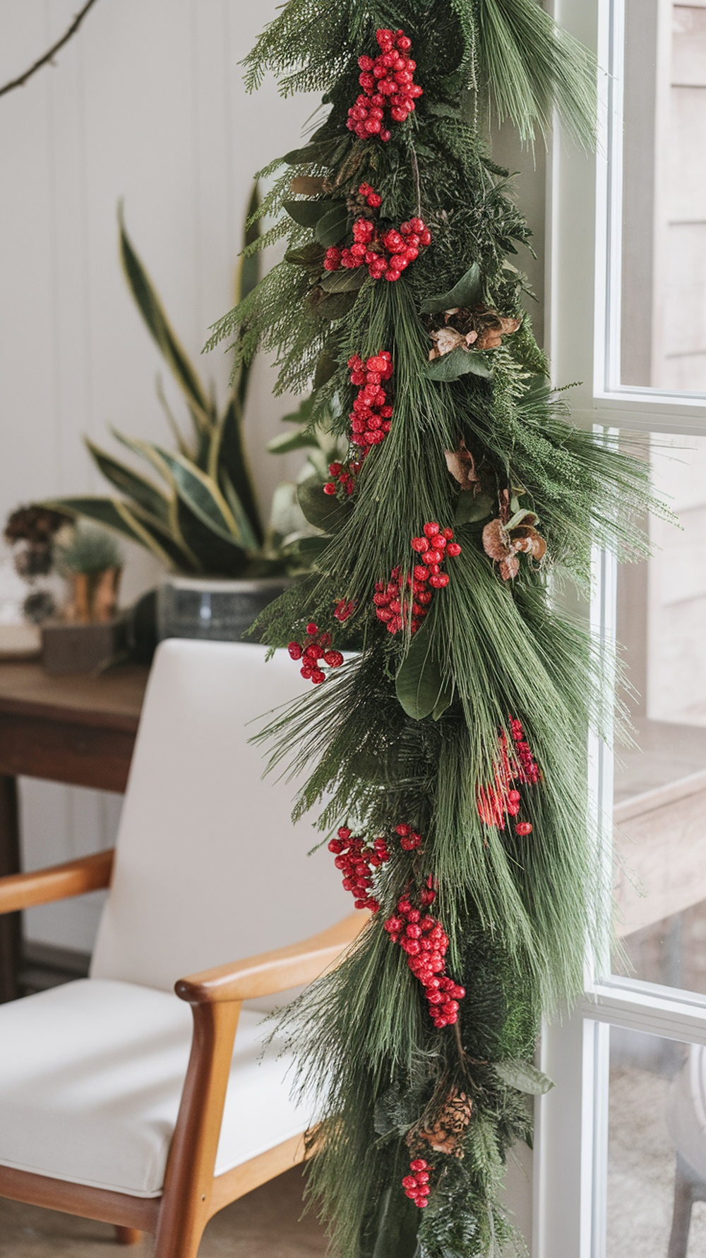 A beautiful garland of pine and red berries hanging near a window.