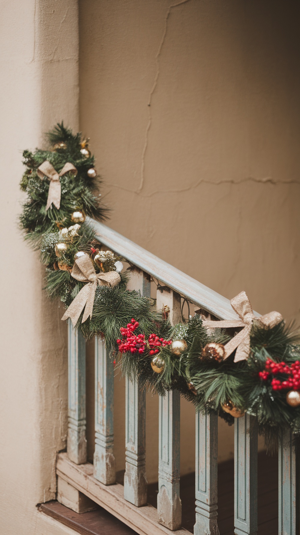 A festive garland with greenery, gold ornaments, and red berries draped over a blue railing.