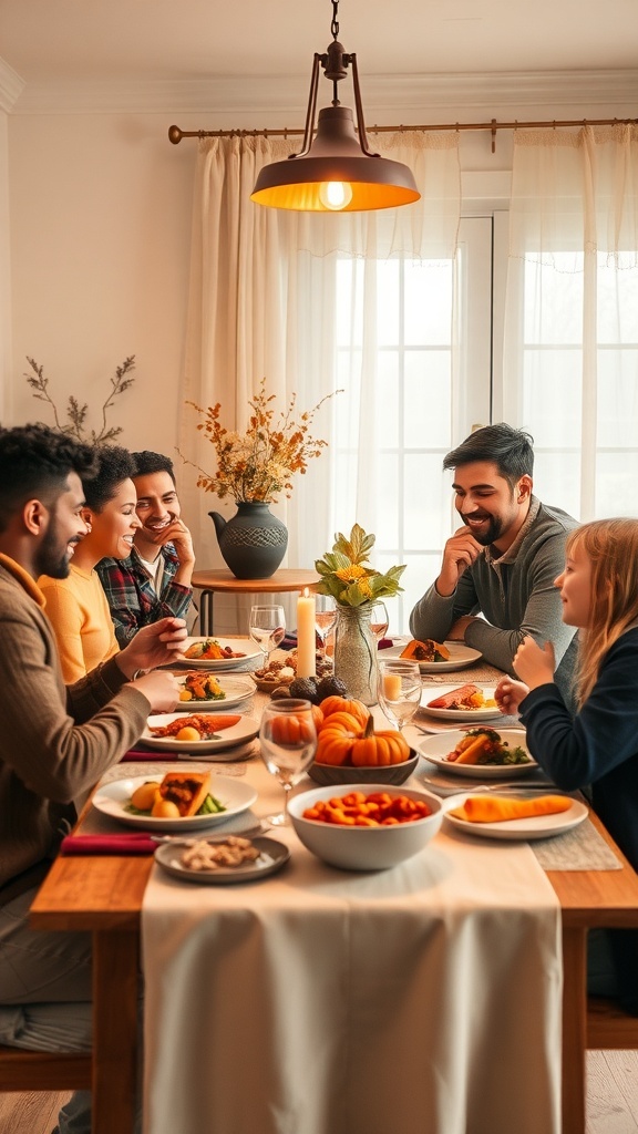 A cozy dinner table set for autumn with friends and family enjoying a meal together.