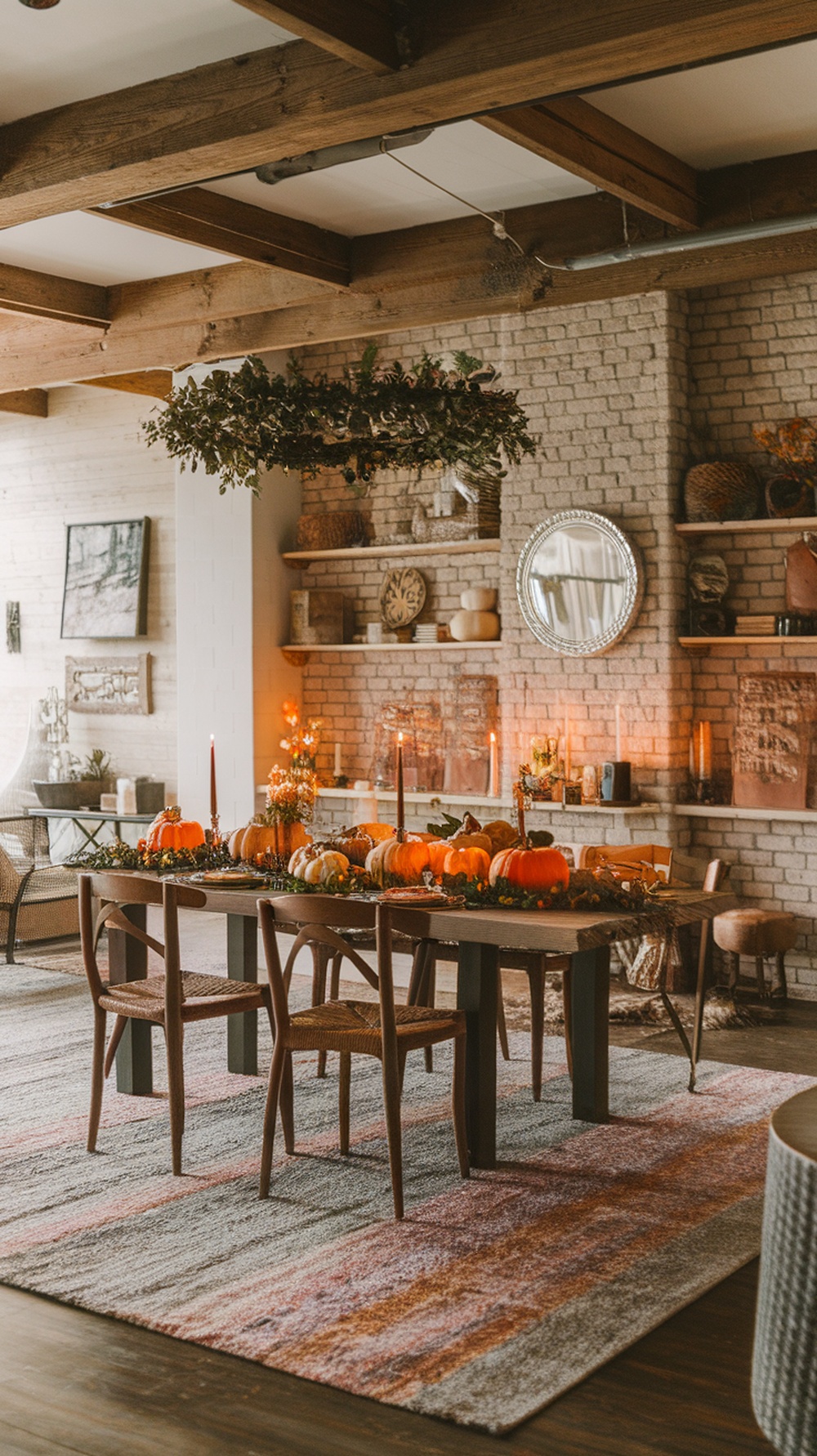 Boho Thanksgiving table with pumpkins, greenery, and cozy decor