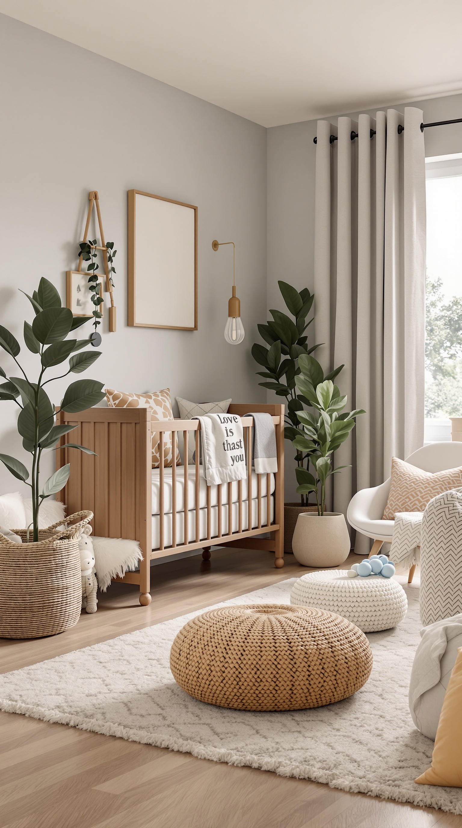 A gender-neutral baby room featuring a wooden crib, soft pillows, plants, and warm decor.