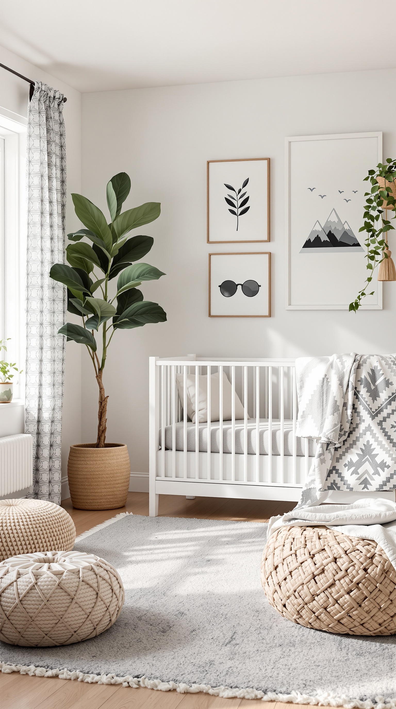 A gender-neutral nursery featuring a white crib, plants, and modern decor.