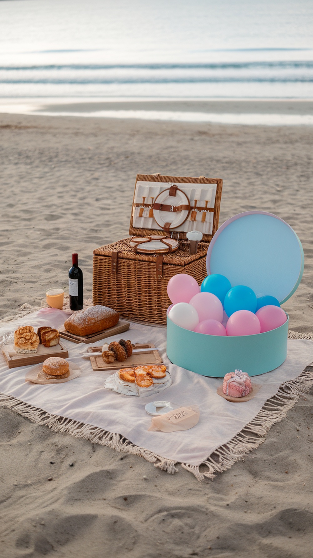 A beach picnic setup for a gender reveal, featuring a picnic basket, snacks, and colorful balloons.