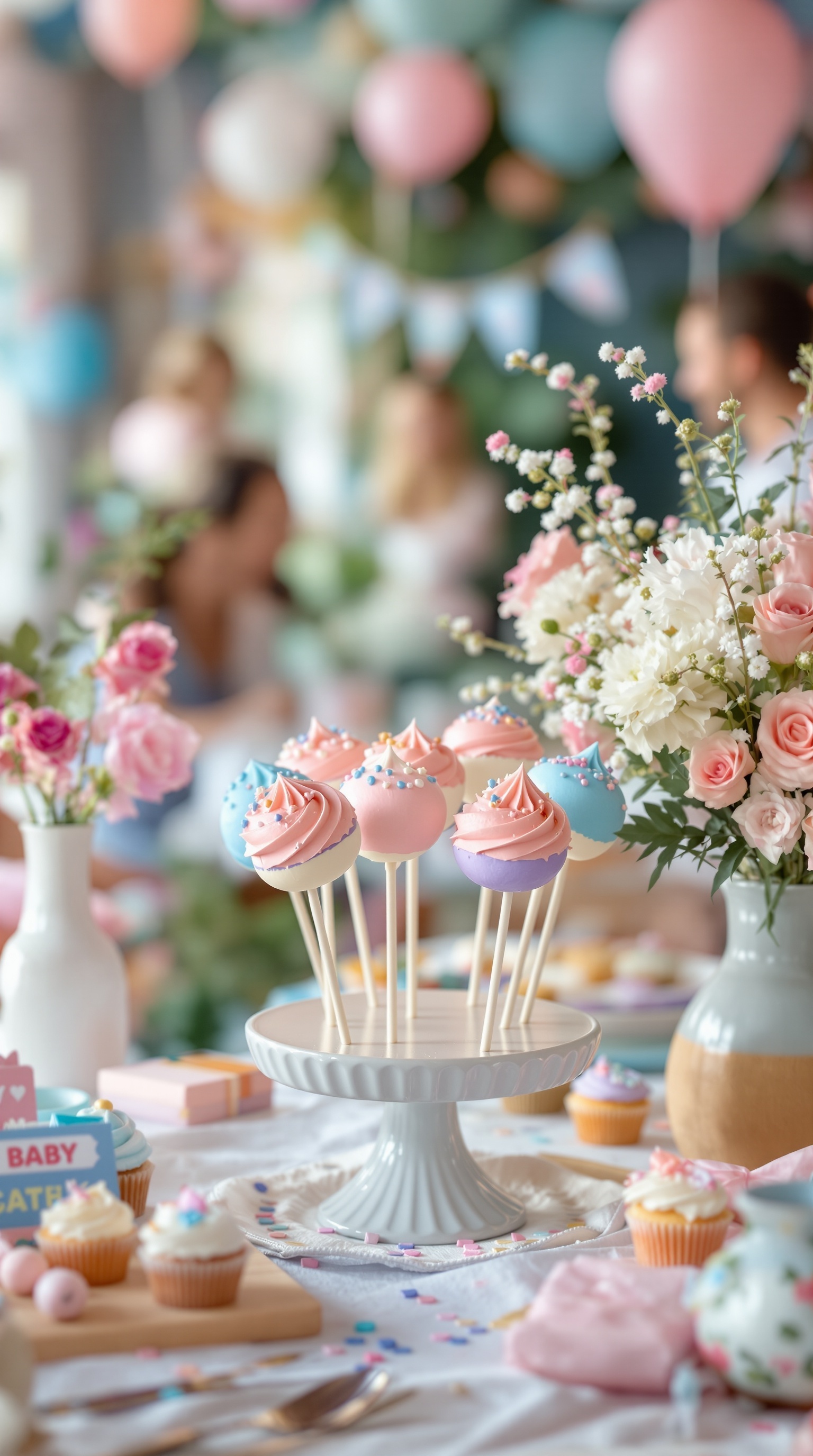 A colorful display of cake pops on a dessert table, decorated with flowers and festive items for a gender reveal party.