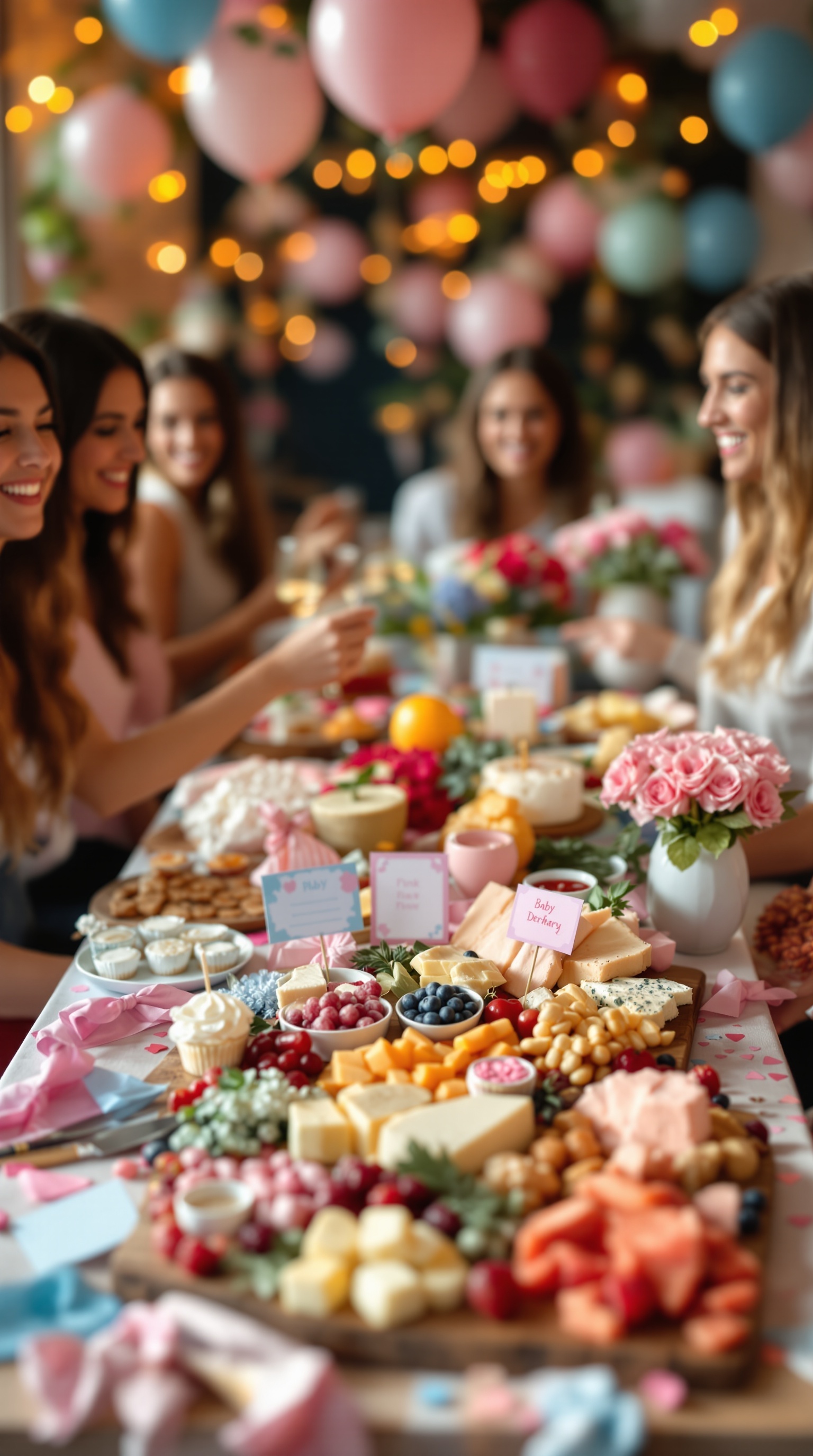 A colorful gender reveal charcuterie board with various cheeses, fruits, and sweets, surrounded by guests enjoying the celebration.