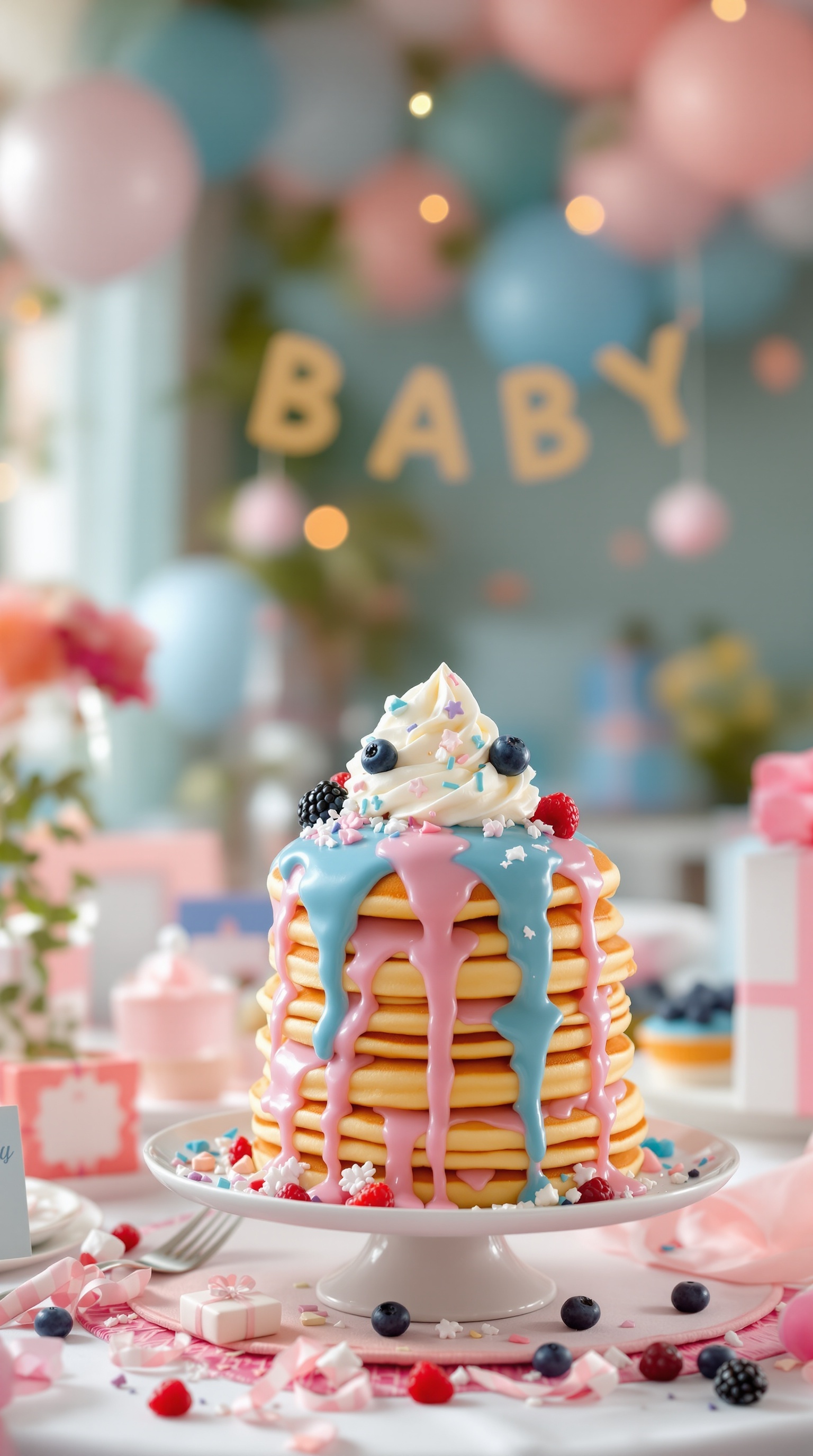 A colorful gender reveal pancake stack with pink and blue icing, topped with whipped cream and berries, surrounded by festive decorations.
