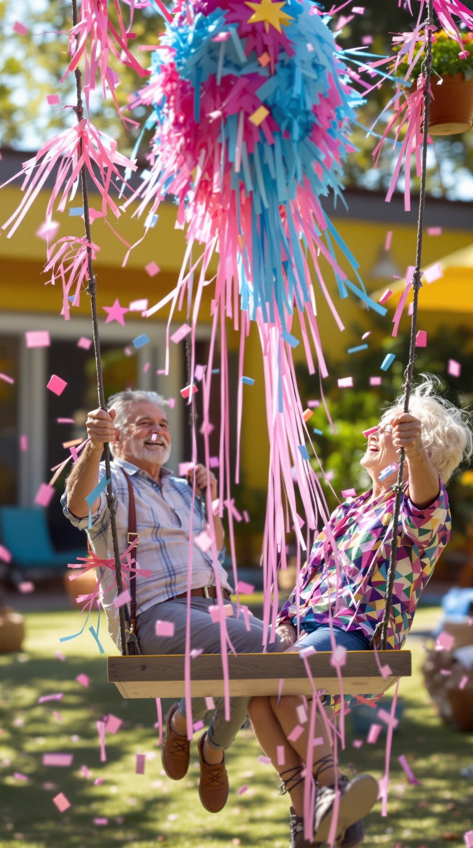A colorful piñata filled with confetti for a gender reveal party