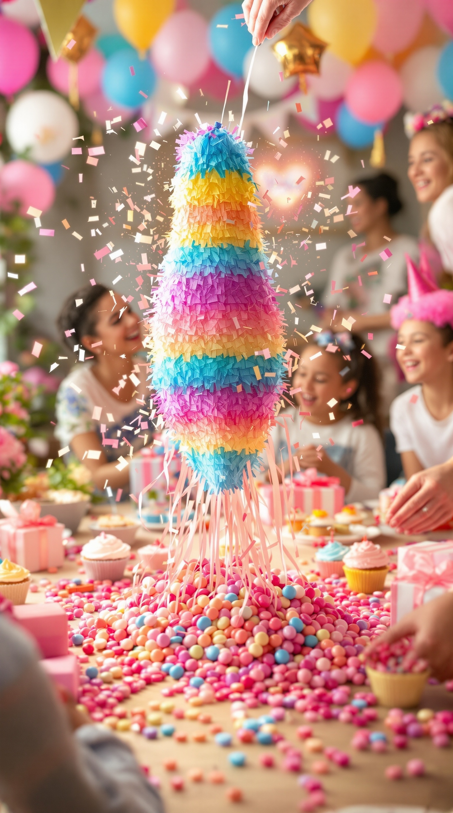 Colorful gender reveal piñata surrounded by excited guests and festive decorations.