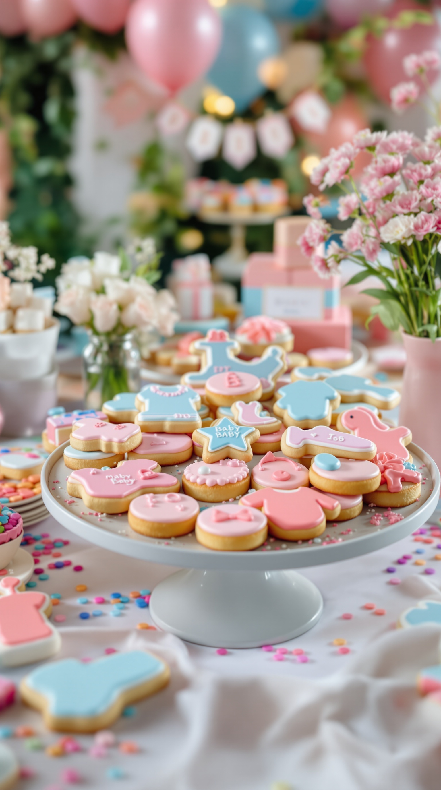 A colorful display of decorated sugar cookies in pink and blue on a dessert table for a gender reveal party.