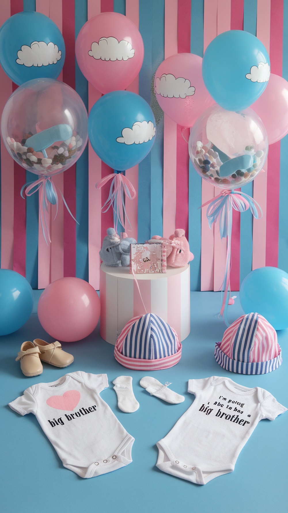 A colorful gender reveal setup with t-shirts that say 'big brother', balloons, and baby accessories.