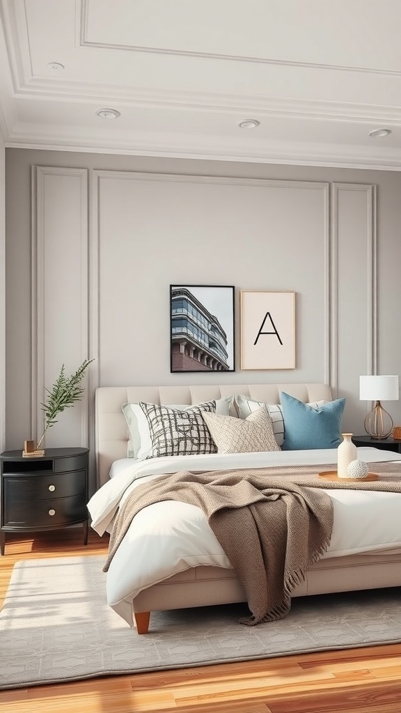 A cozy bedroom with gentle gray walls, a comfortable bed with various pillows, and warm wooden flooring.