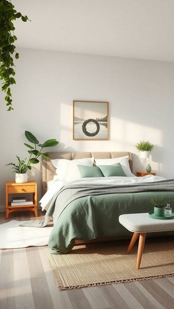 A calming bedroom featuring gentle green linens, wooden furniture, and potted plants.