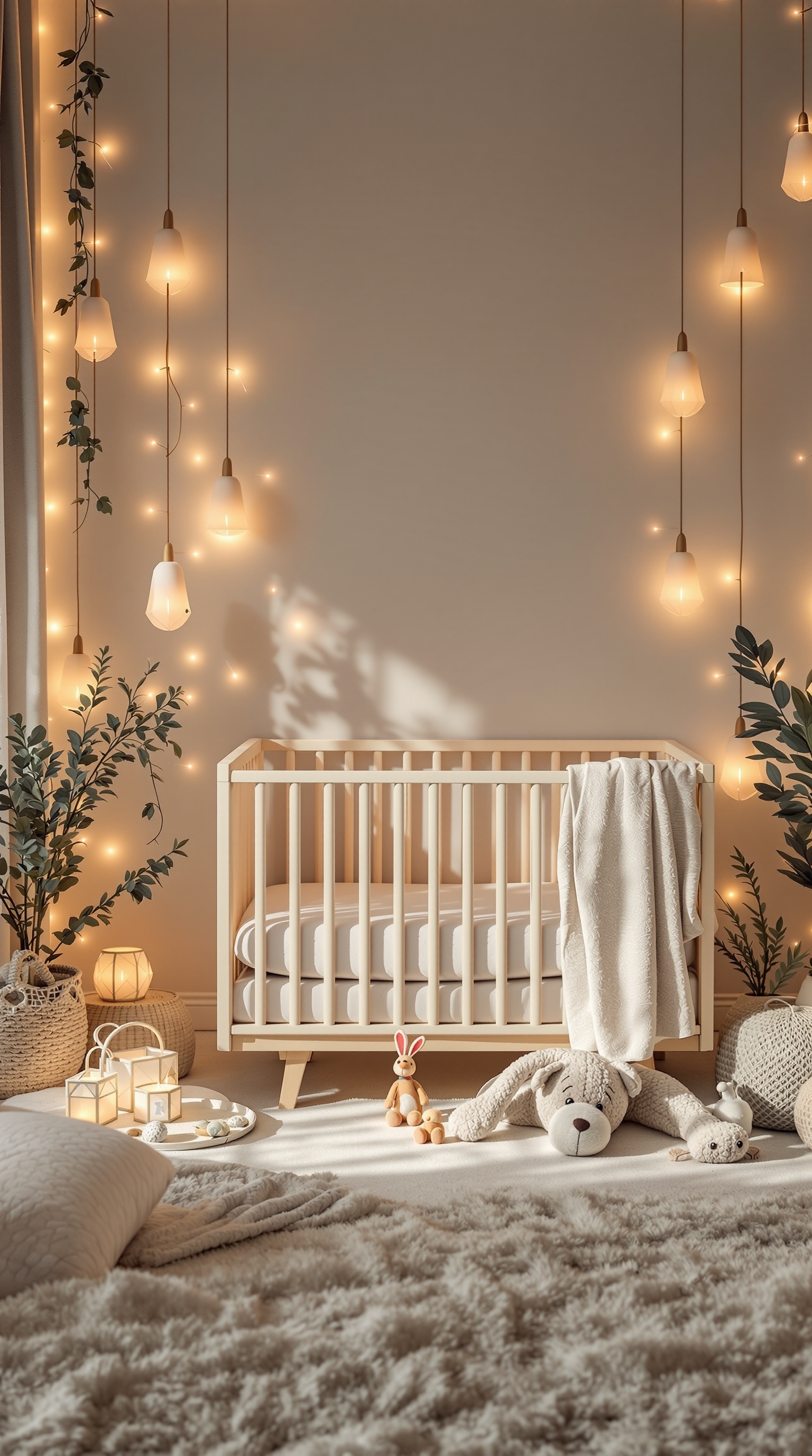 A cozy baby room featuring gentle lighting, a wooden crib, plush toys, and nature elements.
