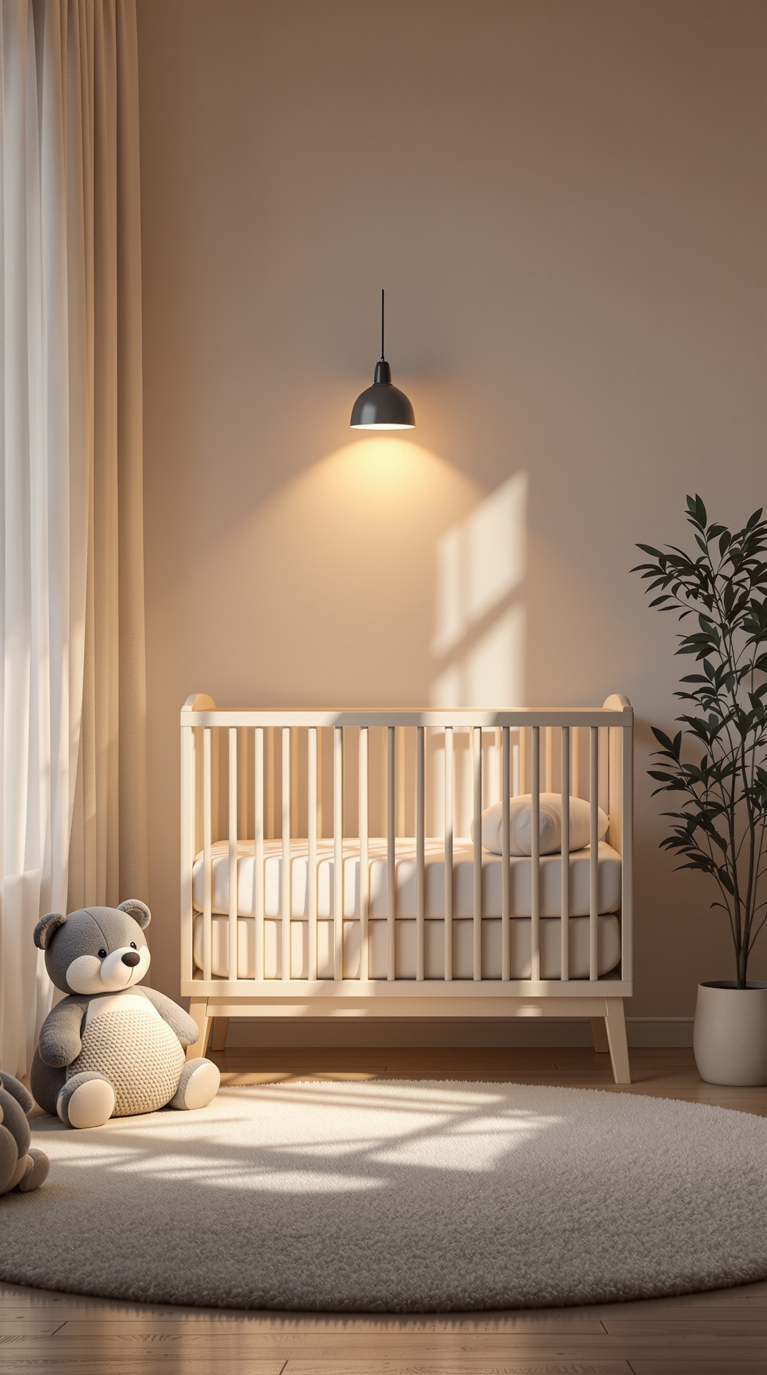 A softly lit nursery featuring a crib, teddy bear, and gentle lighting.