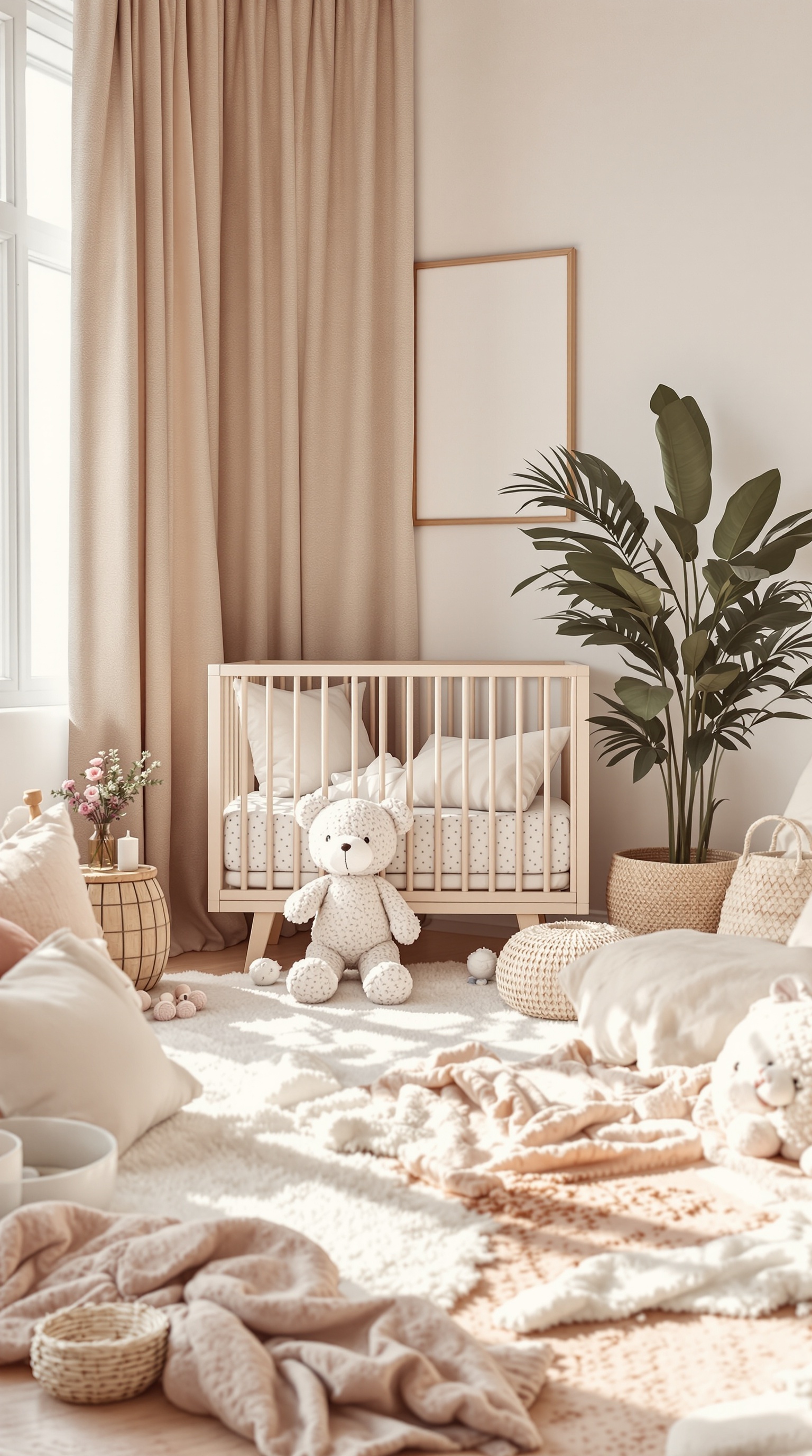 A cozy baby room featuring a crib, soft rugs, plush cushions, and gentle curtains, creating a warm atmosphere.