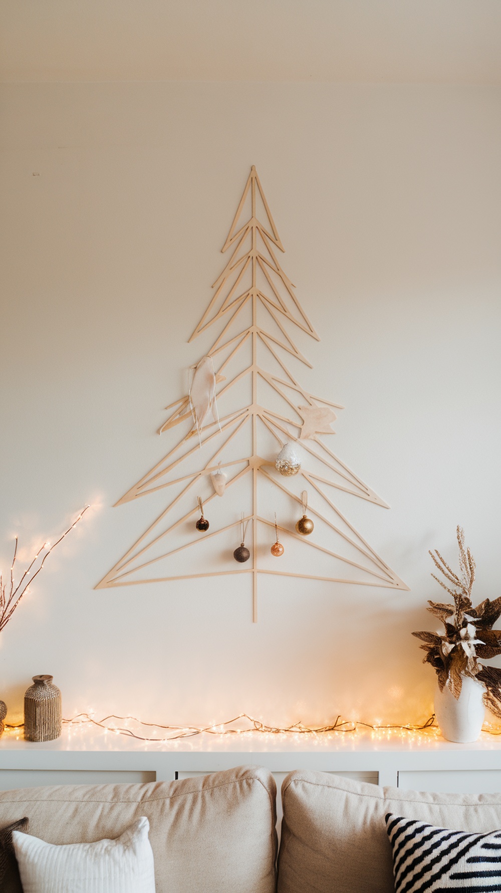 A minimalist geometric Christmas tree made of wooden sticks, decorated with simple ornaments, set against a light wall.