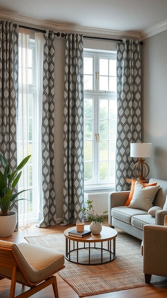 Living room with geometric patterned curtains, a cozy sofa, and a coffee table.