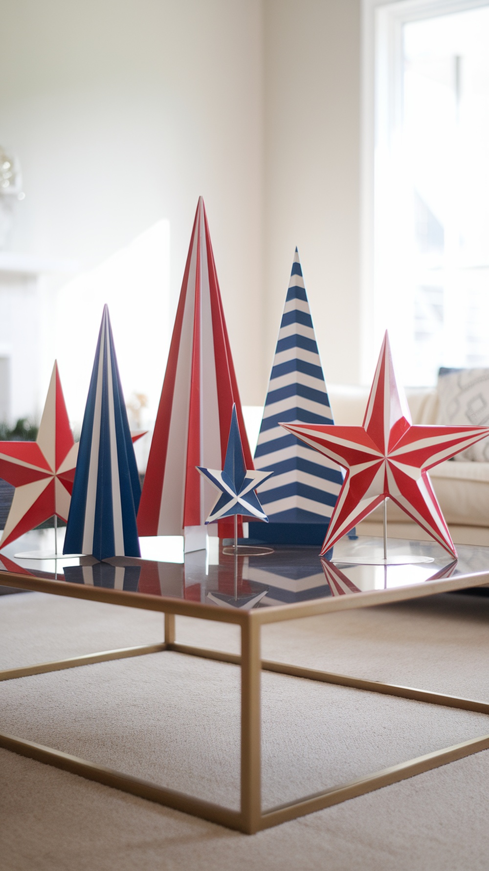 A collection of geometric holiday decor pieces in red, blue, and white, displayed on a coffee table.