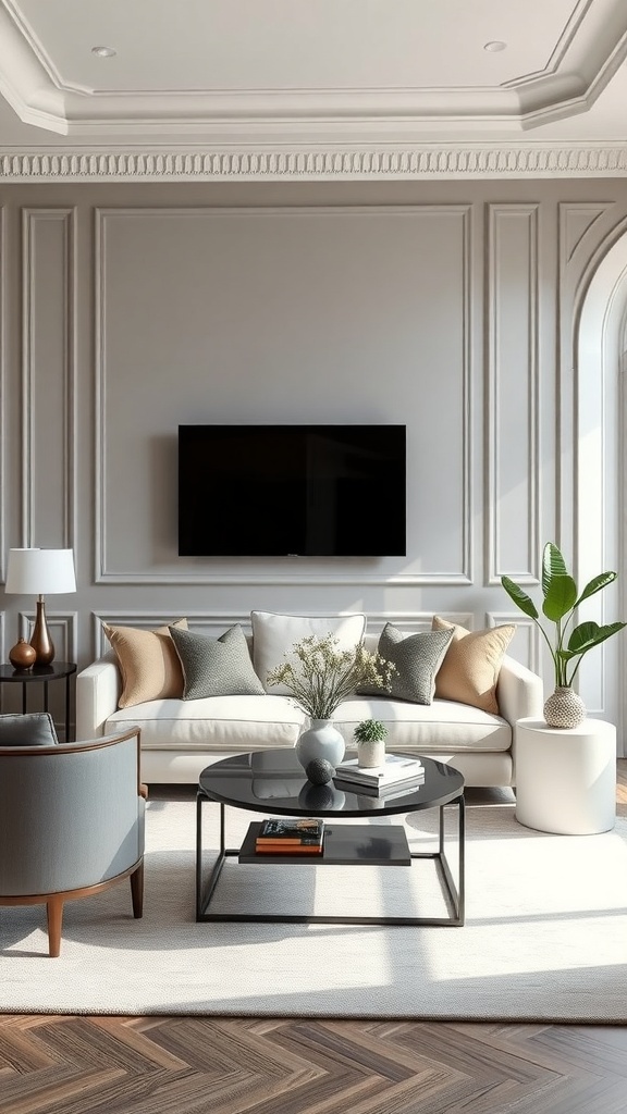 Living room featuring geometric moulding patterns on the walls, a modern sofa, and a round coffee table.