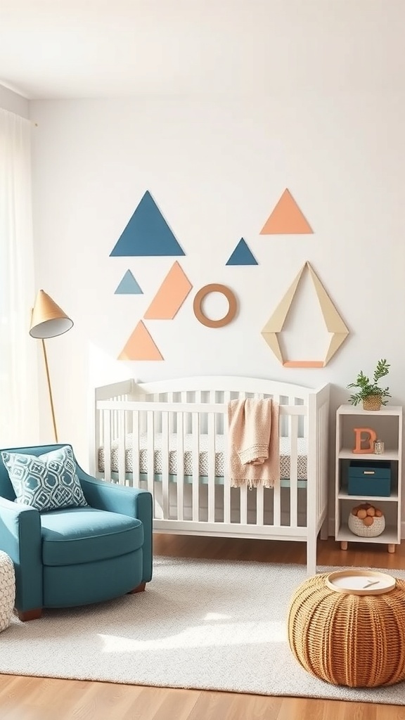 A nursery featuring geometric wall decorations in blue and peach colors, with a crib and a cozy chair.