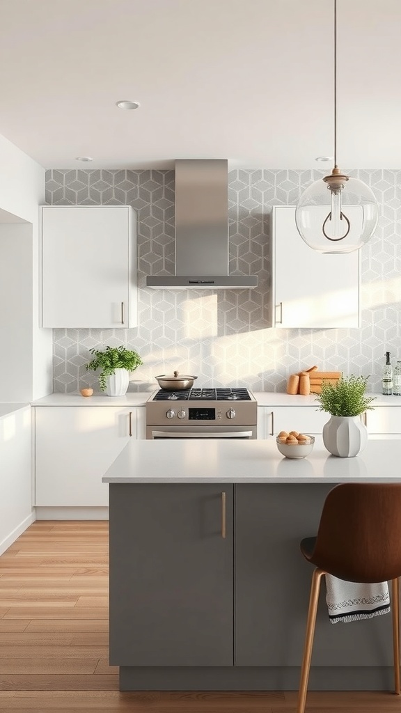 A modern kitchen with a geometric accent wall in gray, featuring white cabinets and wooden flooring.