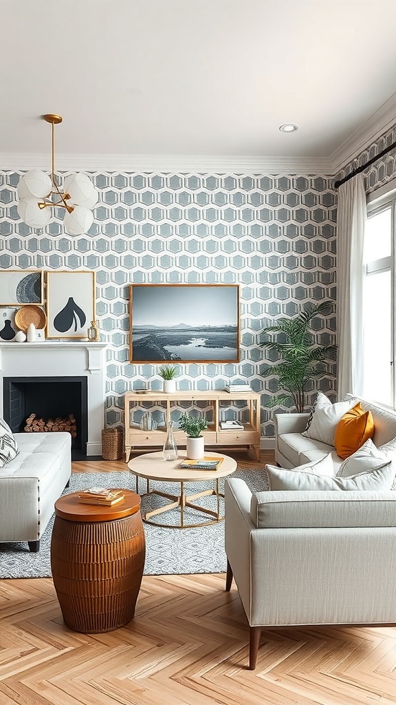 A modern living room featuring geometric patterned wallpaper with hexagonal shapes, light furniture, and wooden accents.