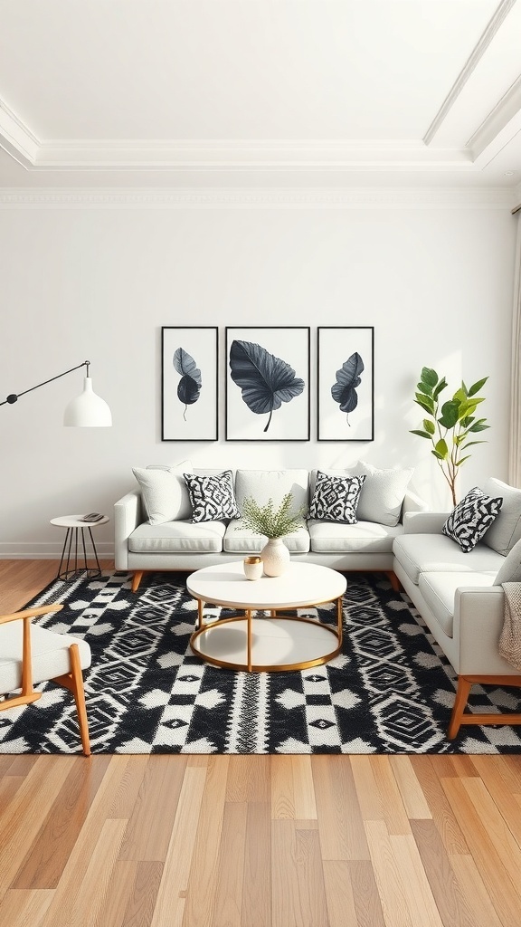 A modern black and white living room featuring geometric patterns in the rug and cushions, with leaf prints on the wall.