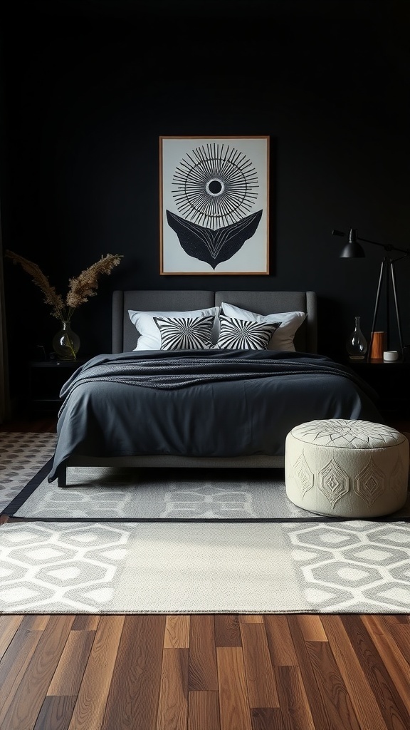 A modern dark bedroom featuring geometric patterns in decor, with black walls, a sunburst artwork, and stylish bedding.