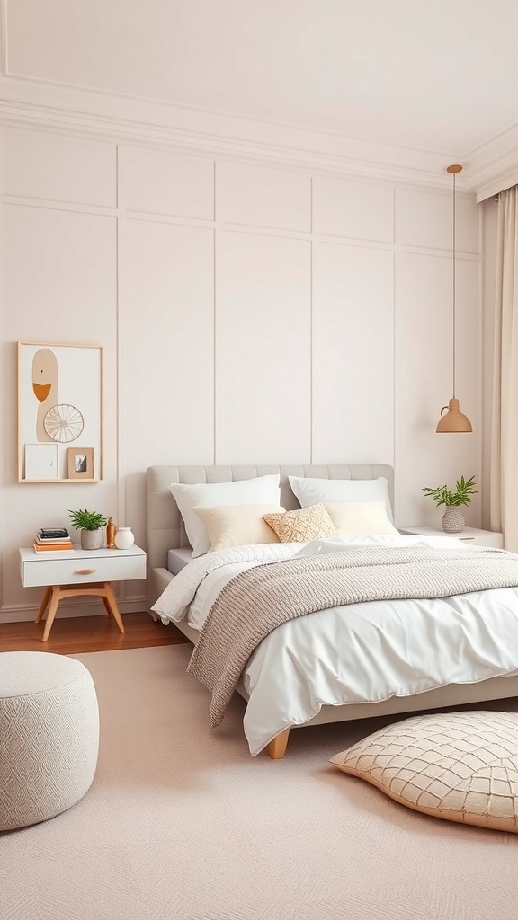 A pastel bedroom featuring geometric patterns with soft colors, modern bedding, and playful wall art.