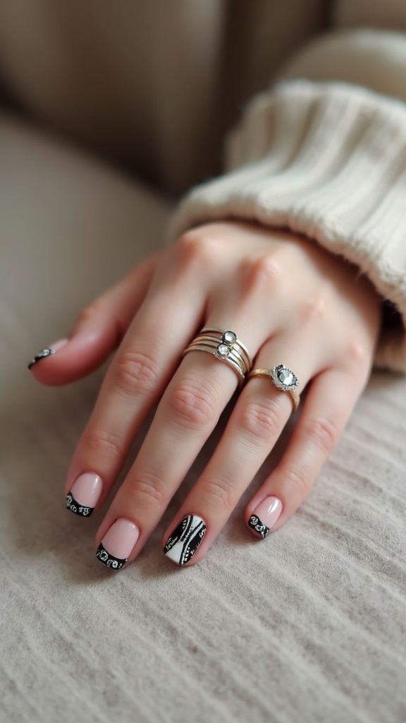 A hand with short nails featuring geometric patterns in black and white, with rings on the fingers.