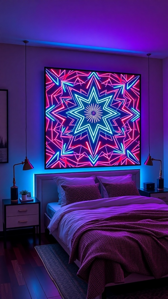 LED wall art featuring a geometric star pattern with neon pink and blue glow