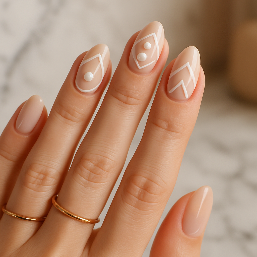 Nude nails with white geometric designs and pearl accents