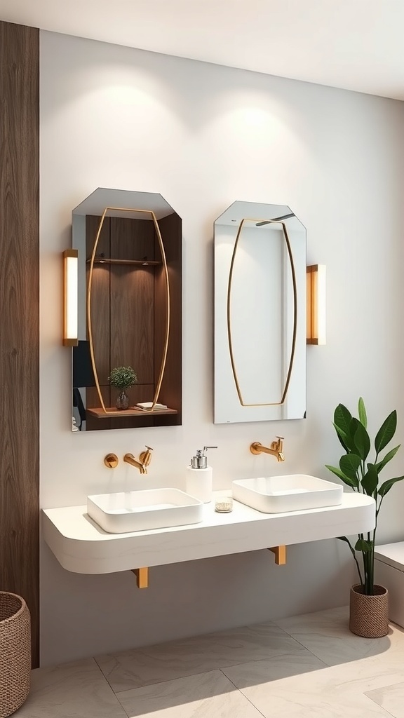 A stylish bathroom featuring double sinks and geometric mirrors.