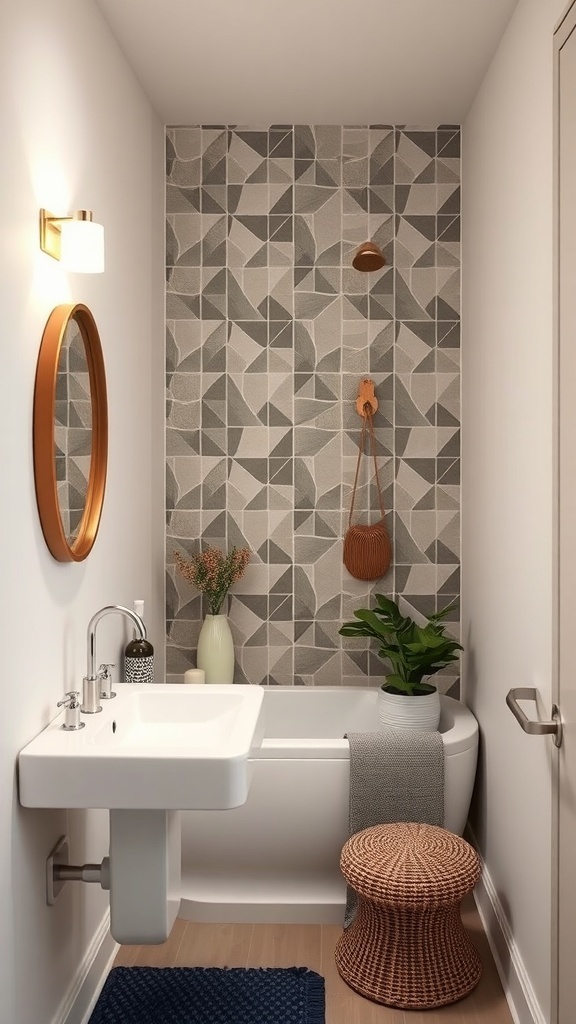 Small bathroom with geometric wallpaper accent wall in gray tones, featuring a modern sink and decor.