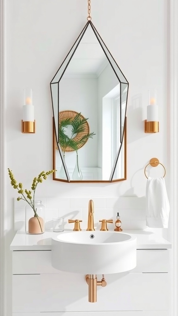 A modern bathroom featuring a geometric diamond-shaped mirror with a black frame, gold accents, and a stylish sink.