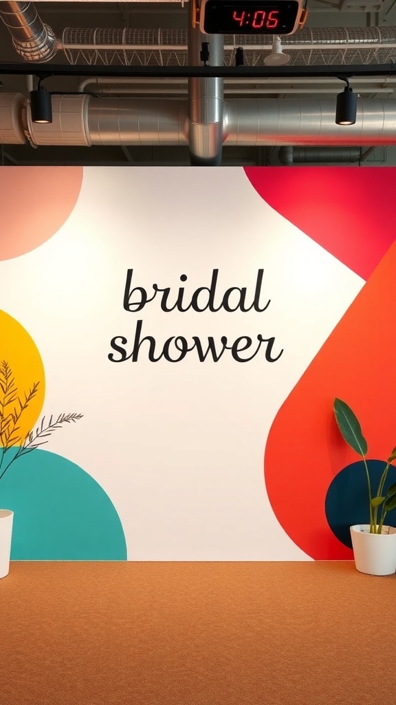 Colorful geometric backdrop for a bridal shower with the words 'bridal shower' in an elegant font.