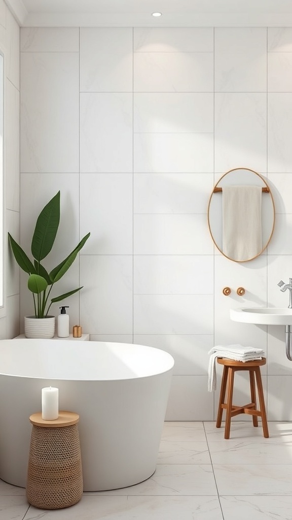A modern bathroom featuring white geometric wall panels, a round bathtub, a plant, and wooden accents.