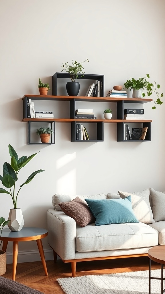 Geometric wall shelves with plants and books above a cozy couch