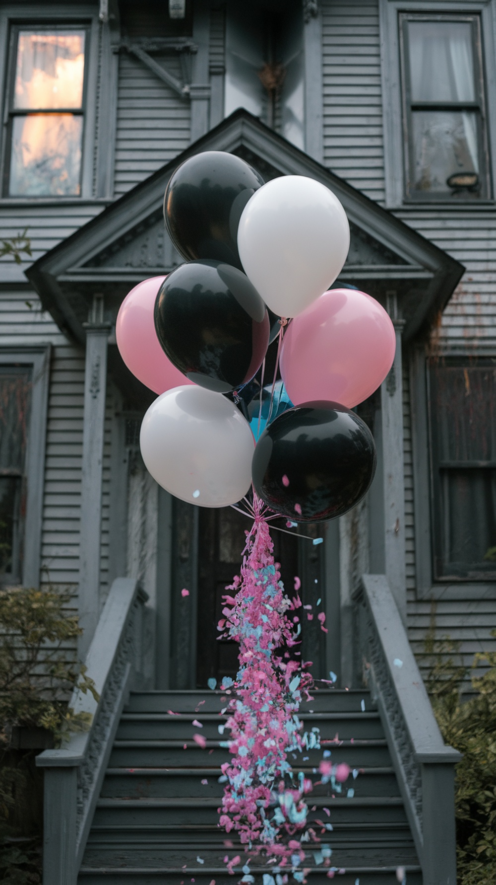 A cluster of black, white, and pink balloons with confetti falling from them in front of a spooky house.