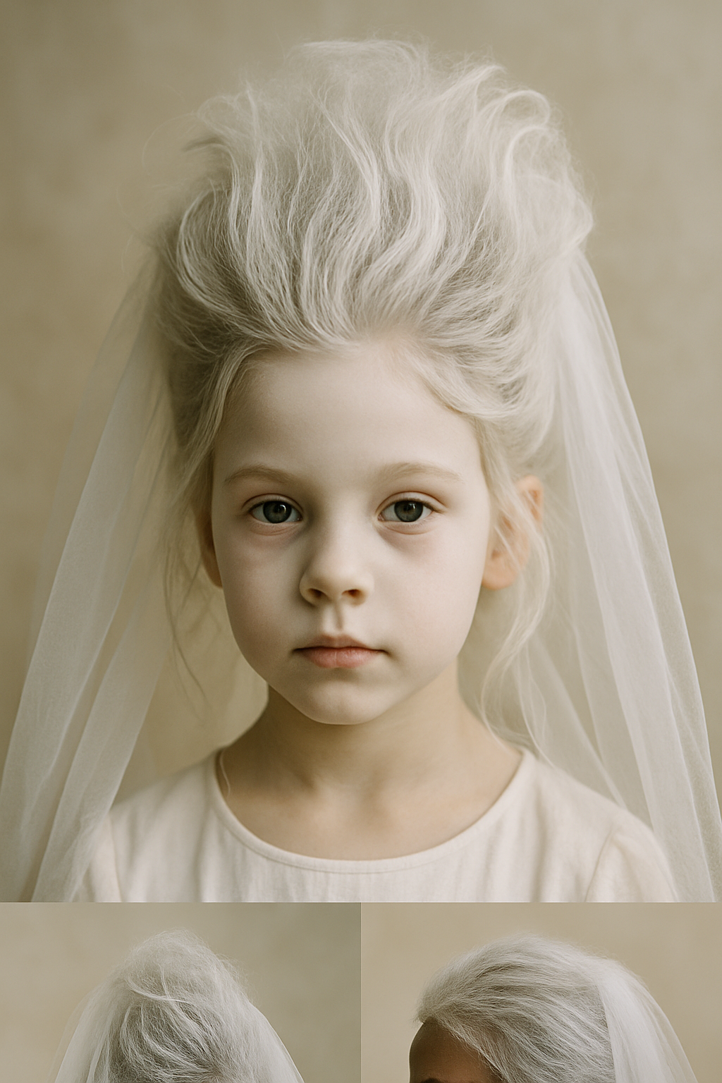 A child with a ghostly updo hairstyle featuring white spray and a sheer veil.