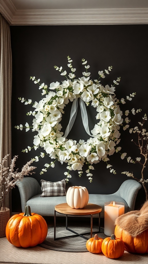 A ghostly white floral wreath on a dark wall, surrounded by pumpkins and cozy decor.