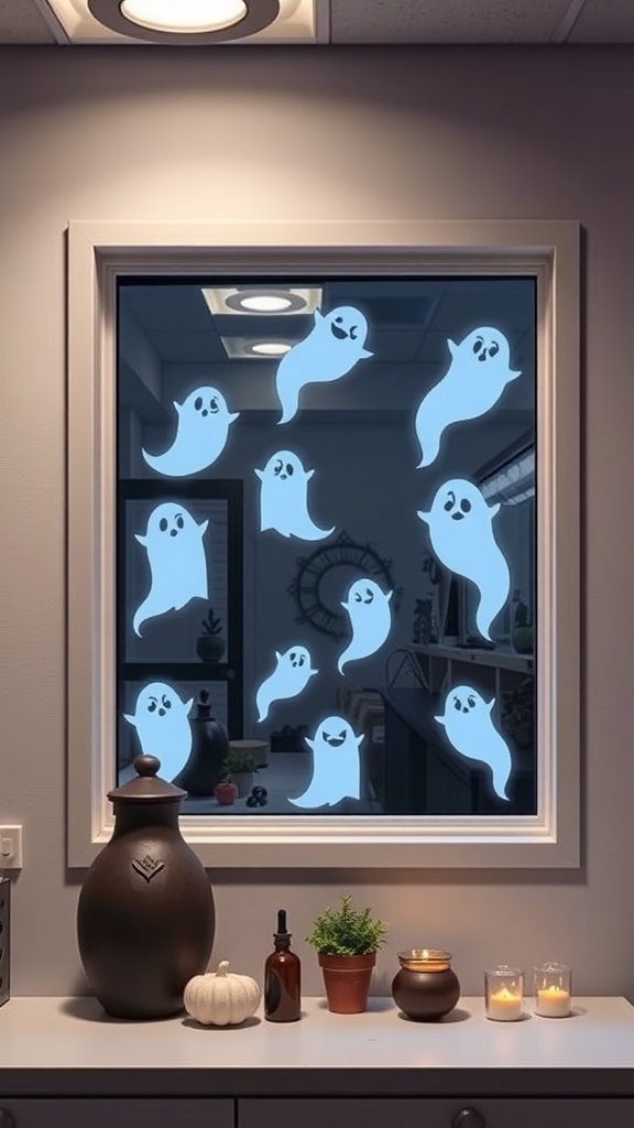 A window decorated with playful ghost window clings, creating a festive Halloween atmosphere.