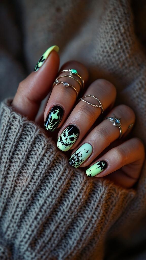 Glow-in-the-dark Halloween nails with spooky designs