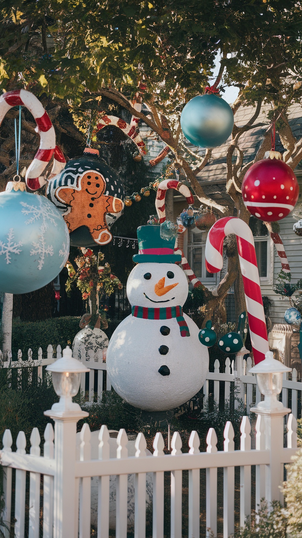 A festive outdoor display featuring giant Christmas ornaments, a snowman, and candy canes.
