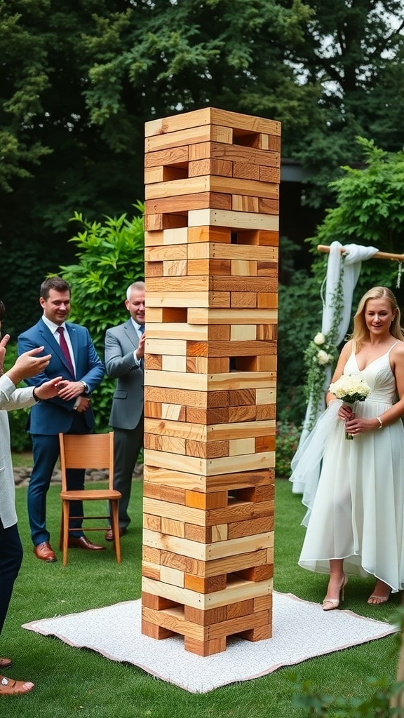 Guests enjoying a game of Giant Jenga at a backyard wedding, with the bride and groom watching.