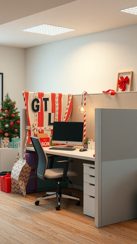 A decorated cubicle for Christmas with a small tree, gift boxes, and festive decorations.