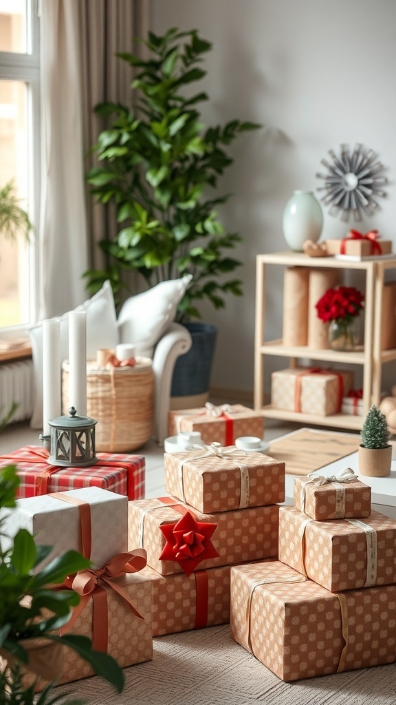 A cozy gift wrapping station with beautifully wrapped presents, festive decorations, and a warm atmosphere.