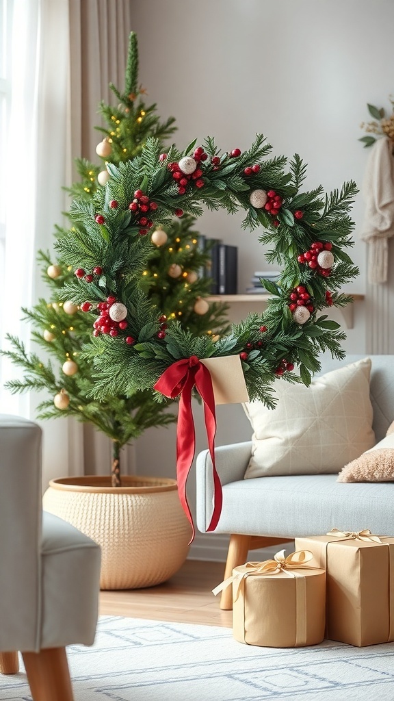 A curly deco mesh wreath with red berries and ornaments, displayed in a cozy living room setting with a Christmas tree and gift boxes.