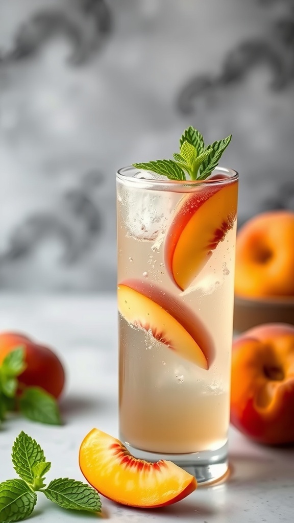 A refreshing drink made with peaches and garnished with mint, served in a tall glass