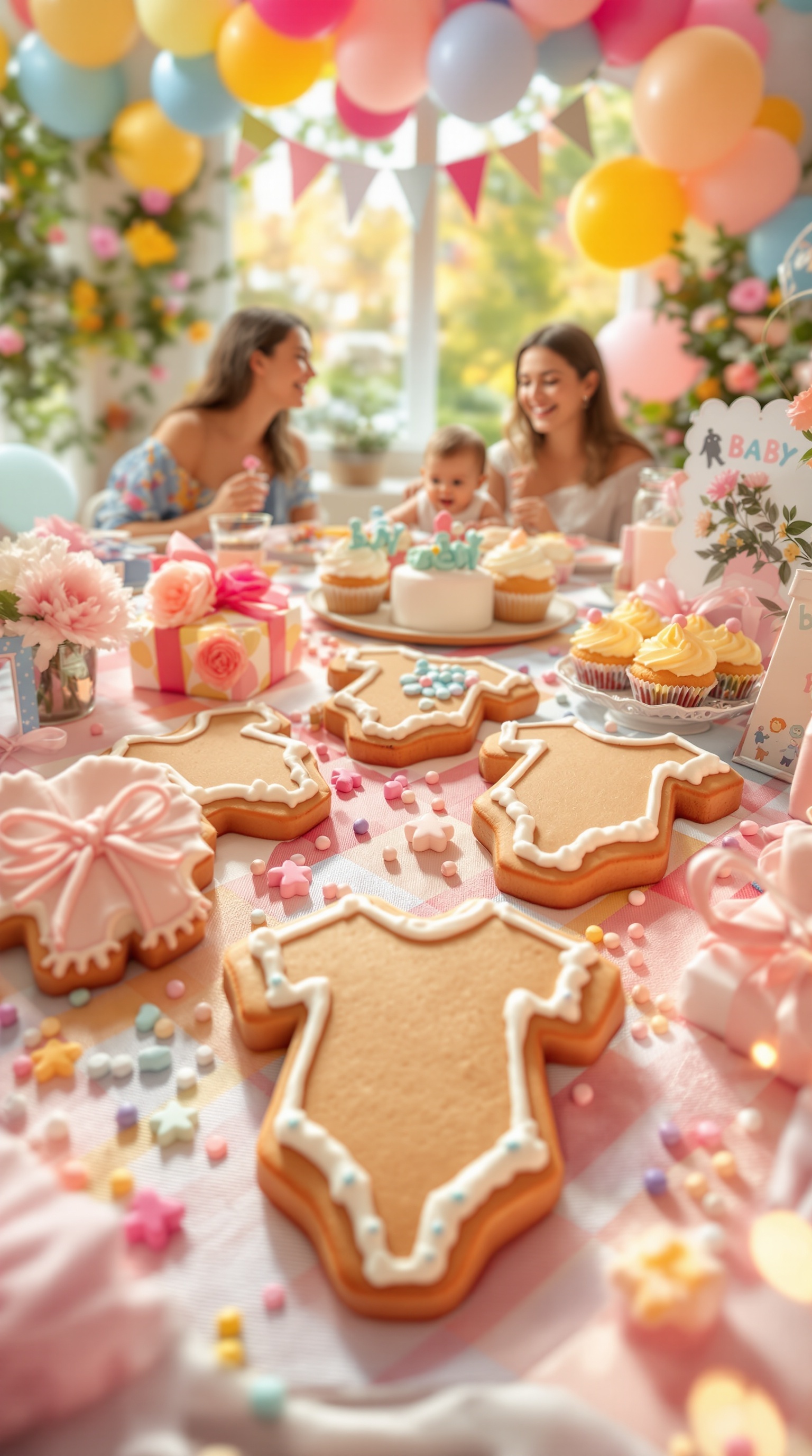 A table decorated with gingerbread cookies shaped like baby onesies, colorful icing, and festive decorations for a winter baby shower.